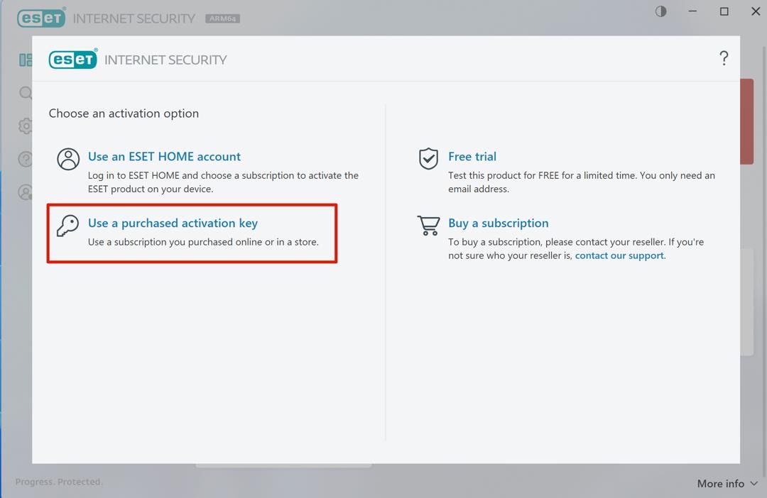 ESET NOD32 activeren: kies Use a purchased activation key en vul je licentiecode in